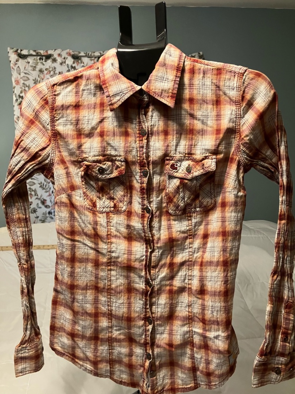 Carhartt Plaid Button Up Shirt Womens Small Orange Brown Western